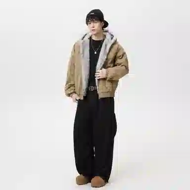 稻草人 美式高街品牌艺术英文字母印花座山雕毛领仿狐狸毛休闲宽松纯色加厚短款夹克高级感连帽保暖舒适百搭长袖飞行外套棉服 男女同款