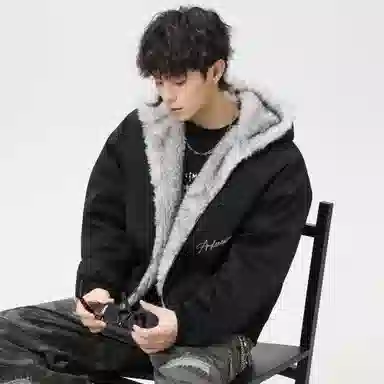 稻草人 美式高街品牌艺术英文字母印花座山雕毛领仿狐狸毛休闲宽松纯色加厚短款夹克高级感连帽保暖舒适百搭长袖飞行外套棉服 男女同款