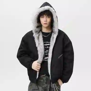 稻草人 美式高街品牌艺术英文字母印花座山雕毛领仿狐狸毛休闲宽松纯色加厚短款夹克高级感连帽保暖舒适百搭长袖飞行外套棉服 男女同款