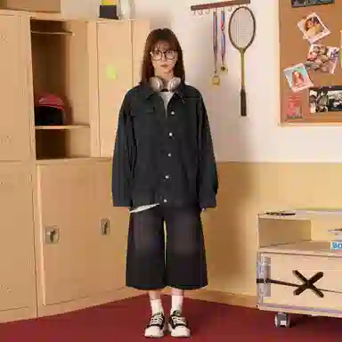 稻草人 美式嘻哈高街学院风复古重工做旧基础款拼接翻领单排纽扣宽松休闲百搭夹克牛仔外套 男女同款