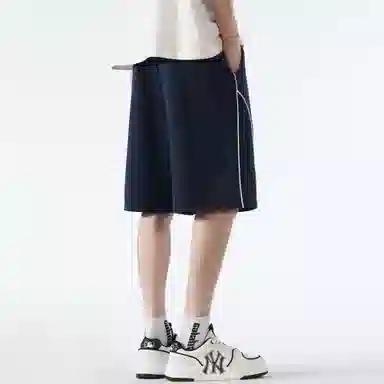 稻草人 经典条纹拼接设计美式高街纯色松紧系带宽松百搭户外直筒阔腿透气通勤五分休闲短裤 男女同款