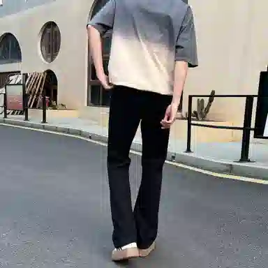 稻草人 美式高街花体字母百搭重磅纯棉宽松落肩短袖中腰水洗做旧垂感微喇叭牛仔裤休闲运动套装 男女同款