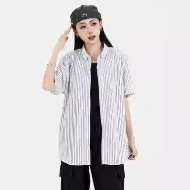 稻草人 复古竖条条纹撞色单排纽扣简约宽松休闲百搭抗皱短袖衬衫 男女同款