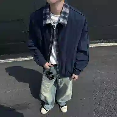 稻草人 美式复古简约假两件撞色设计宽松休闲百搭基础纯色潮流时尚个性舒适学院风拉链翻领飞行夹克外套 男女同款