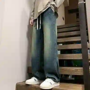 稻草人 美式高街复古渐变水洗做旧黄泥染简约基础款宽松休闲中腰系带松紧直筒阔腿百搭牛仔裤 男女同款