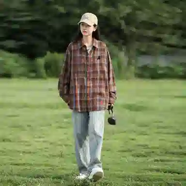 稻草人 美式复古嘻哈街头翻领落肩宽松休闲纽扣长袖多彩格纹衬衫 男女同款