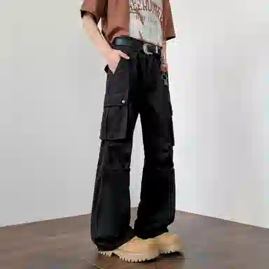 稻草人 美式高街简约复古潮流微喇宽松褶皱多口袋休闲时尚百搭牛仔裤 男女同款