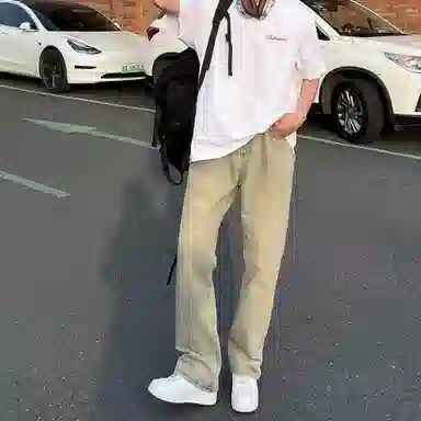 稻草人 美式高街花体字母百搭重磅纯棉宽松落肩短袖中腰水洗做旧垂感微喇叭牛仔裤休闲运动套装 男女同款