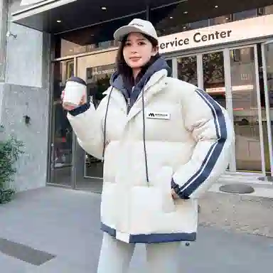 稻草人 美式高街拼接条纹撞色假两件学院风可拆卸品牌字母魔术贴宽松休闲厚款防风保暖棉袄户外运动百搭加厚防潮面包外套棉服 男女同款