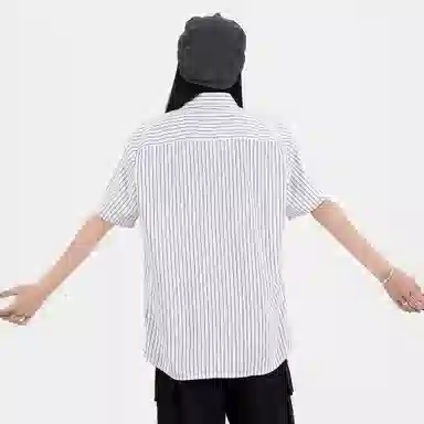 稻草人 复古竖条条纹撞色单排纽扣简约宽松休闲百搭抗皱短袖衬衫 男女同款