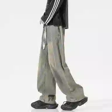 稻草人 美式高街废土风结构性拼接水洗做旧简约纯色垂感松紧抽绳直筒无性别主义宽松休闲百搭工装牛仔裤 男女同款