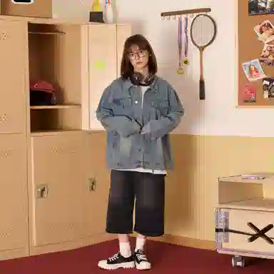 稻草人 美式复古机能风水洗做旧单排纽扣翻领宽松休闲百搭牛仔外套 男女同款