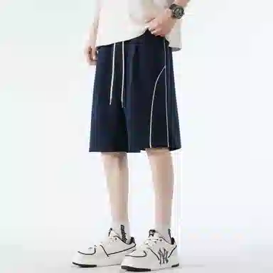 稻草人 经典条纹拼接设计美式高街纯色松紧系带宽松百搭户外直筒阔腿透气通勤五分休闲短裤 男女同款