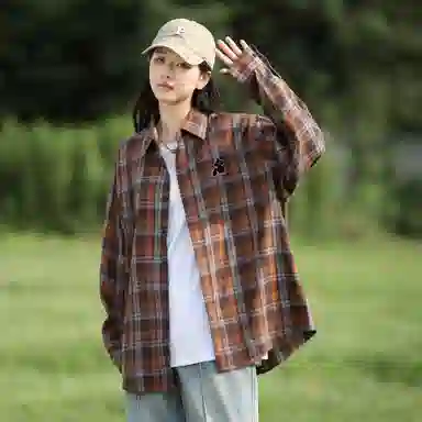 稻草人 美式复古嘻哈街头翻领落肩宽松休闲纽扣长袖多彩格纹衬衫 男女同款