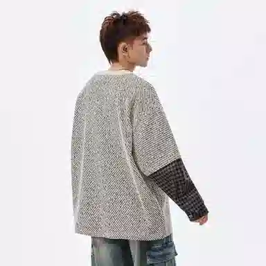 稻草人 美式复古大码假两件格纹撞色银丝斜纹满天星面料拼接设计高街圆领落肩套头秋季卫衣 男女同款