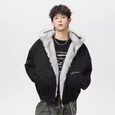 稻草人 美式高街品牌艺术英文字母印花座山雕毛领仿狐狸毛休闲宽松纯色加厚短款夹克高级感连帽保暖舒适百搭长袖飞行外套棉服 男女同款