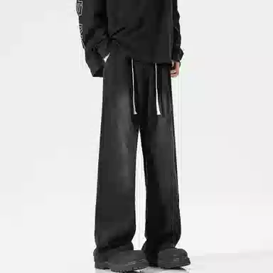 稻草人 美式高街废土风结构性拼接水洗做旧简约纯色垂感松紧抽绳直筒无性别主义宽松休闲百搭工装牛仔裤 男女同款