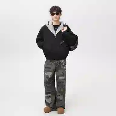 稻草人 美式高街品牌艺术英文字母印花座山雕毛领仿狐狸毛休闲宽松纯色加厚短款夹克高级感连帽保暖舒适百搭长袖飞行外套棉服 男女同款