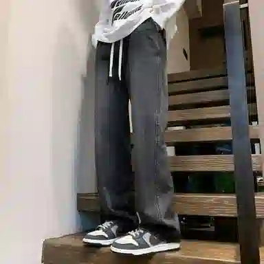 稻草人 美式高街复古渐变水洗做旧黄泥染简约基础款宽松休闲中腰系带松紧直筒阔腿百搭牛仔裤 男女同款