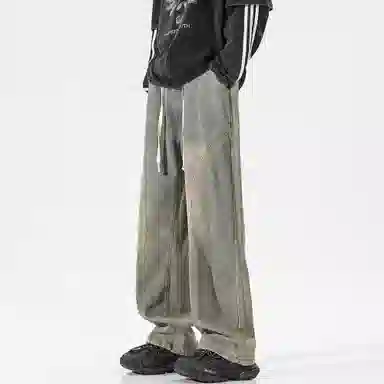 稻草人 美式高街废土风结构性拼接水洗做旧简约纯色垂感松紧抽绳直筒无性别主义宽松休闲百搭工装牛仔裤 男女同款