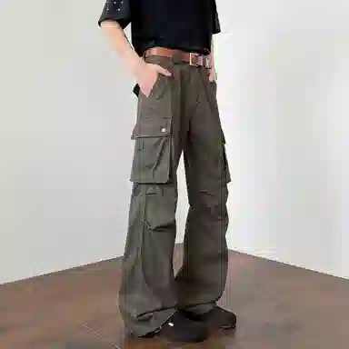 稻草人 美式高街简约复古潮流微喇宽松褶皱多口袋休闲时尚百搭牛仔裤 男女同款
