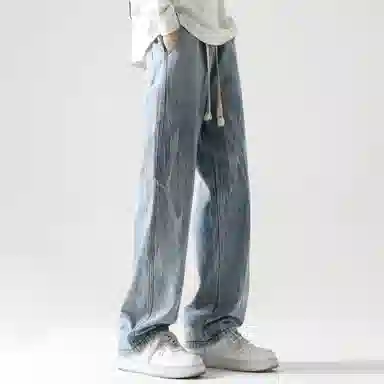 稻草人 基础款高街做旧泼墨舒适亲肤透气直筒长裤通勤百搭中腰宽松简约牛仔裤 男女同款