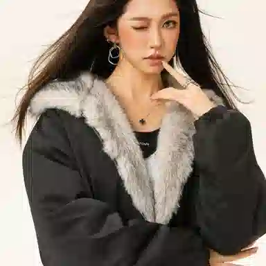 稻草人 美式高街品牌艺术英文字母印花座山雕毛领仿狐狸毛休闲宽松纯色加厚短款夹克高级感连帽保暖舒适百搭长袖飞行外套棉服 男女同款