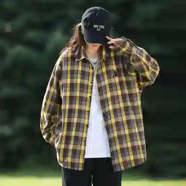 稻草人 美式复古嘻哈街头翻领落肩宽松休闲纽扣长袖多彩格纹衬衫 男女同款