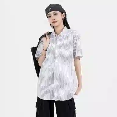 稻草人 复古竖条条纹撞色单排纽扣简约宽松休闲百搭抗皱短袖衬衫 男女同款