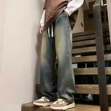 稻草人 美式高街复古渐变水洗做旧黄泥染简约基础款宽松休闲中腰系带松紧直筒阔腿百搭牛仔裤 男女同款