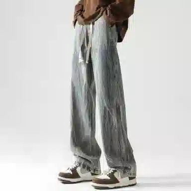 稻草人 基础款高街做旧泼墨舒适亲肤透气直筒长裤通勤百搭中腰宽松简约牛仔裤 男女同款