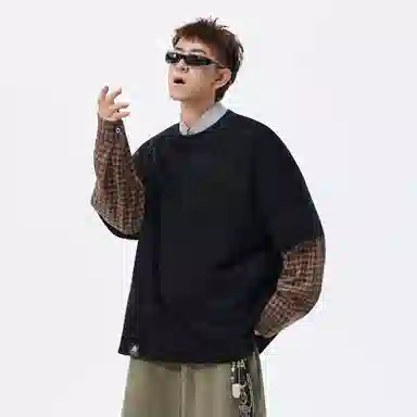 稻草人 美式复古大码假两件格纹撞色银丝斜纹满天星面料拼接设计高街圆领落肩套头秋季卫衣 男女同款