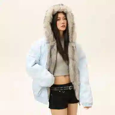 稻草人 美式高街品牌艺术英文字母印花座山雕毛领仿狐狸毛休闲宽松纯色加厚短款夹克高级感连帽保暖舒适百搭长袖飞行外套棉服 男女同款