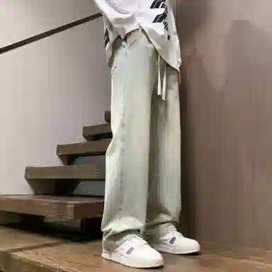 稻草人 美式高街复古渐变水洗做旧黄泥染简约基础款宽松休闲中腰系带松紧直筒阔腿百搭牛仔裤 男女同款