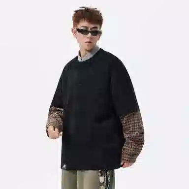 稻草人 美式复古大码假两件格纹撞色银丝斜纹满天星面料拼接设计高街圆领落肩套头秋季卫衣 男女同款