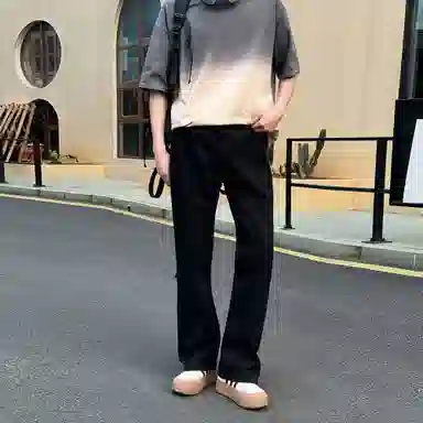 稻草人 美式高街花体字母百搭重磅纯棉宽松落肩短袖中腰水洗做旧垂感微喇叭牛仔裤休闲运动套装 男女同款