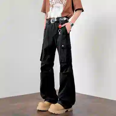 稻草人 美式高街简约复古潮流微喇宽松褶皱多口袋休闲时尚百搭牛仔裤 男女同款