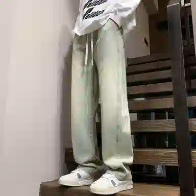 稻草人 美式高街复古渐变水洗做旧黄泥染简约基础款宽松休闲中腰系带松紧直筒阔腿百搭牛仔裤 男女同款