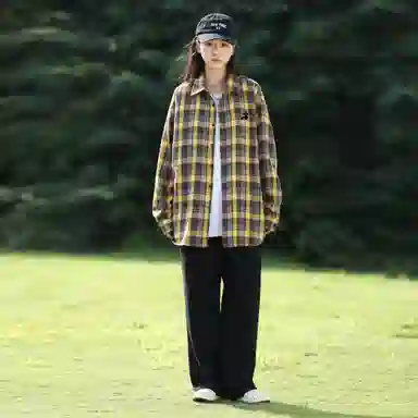 稻草人 美式复古嘻哈街头翻领落肩宽松休闲纽扣长袖多彩格纹衬衫 男女同款