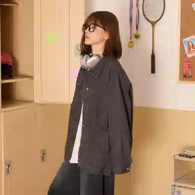 稻草人 美式嘻哈高街学院风复古重工做旧基础款拼接翻领单排纽扣宽松休闲百搭夹克牛仔外套 男女同款