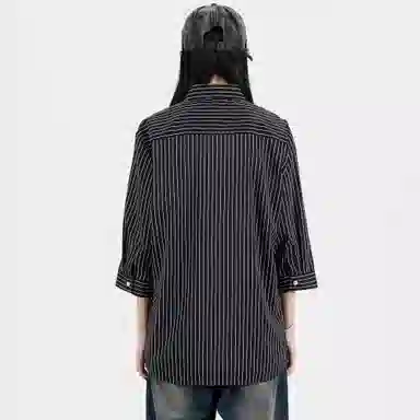 稻草人 日系简约条纹宽松休闲透气短袖衬衫 男女同款