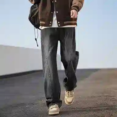 玉儿恋 复古美式高街拼接水洗日常休闲百搭中腰宽松直筒垂坠感遮肉显高显腿长拖地垂感阔腿牛仔裤 男女同款