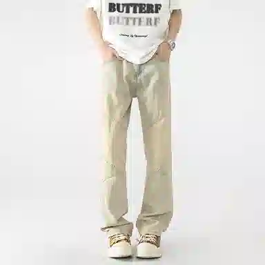 袋鼠 美式复古直筒中腰牛仔裤 男女同款 黄泥色