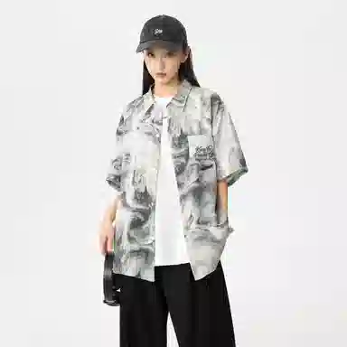 功夫熊猫 港风高街潮牌手绘字母印花水墨扎染撞色系薄纱外套显瘦百搭排扣设计时尚宽松休闲凉感速干短袖衬衫 男女同款