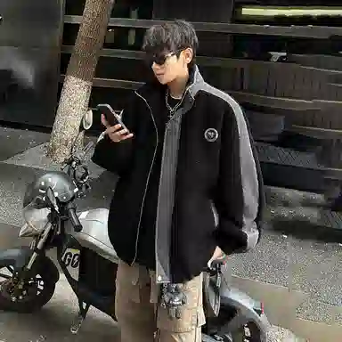 功夫熊猫 美式复古嘻哈街头字母动漫胶标基础款纯色拼接加厚保暖御寒宽松休闲柔软亲肤舒适时尚百搭痞帅拉链翻领绒感外套 男女同款