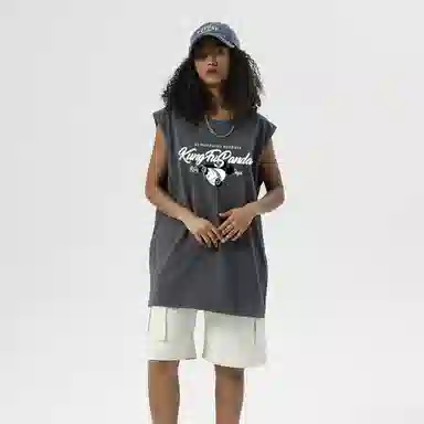 功夫熊猫 无性别主义嘻哈街头卡通字母印花宽松百搭舒适透气坎肩学院风纯棉无袖背心 男女同款