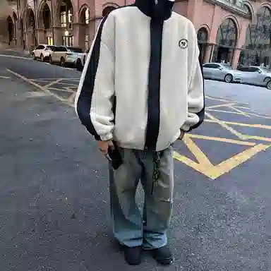 功夫熊猫 美式复古嘻哈街头字母动漫胶标基础款纯色拼接加厚保暖御寒宽松休闲柔软亲肤舒适时尚百搭痞帅拉链翻领绒感外套 男女同款