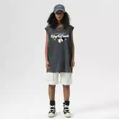 功夫熊猫 无性别主义嘻哈街头卡通字母印花宽松百搭舒适透气坎肩学院风纯棉无袖背心 男女同款