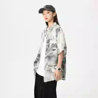 功夫熊猫 港风高街潮牌手绘字母印花水墨扎染撞色系薄纱外套显瘦百搭排扣设计时尚宽松休闲凉感速干短袖衬衫 男女同款