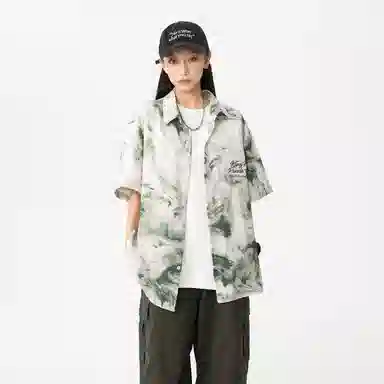 功夫熊猫 港风高街潮牌手绘字母印花水墨扎染撞色系薄纱外套显瘦百搭排扣设计时尚宽松休闲凉感速干短袖衬衫 男女同款